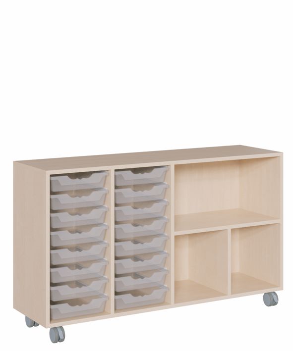 K Regal 139 x 82,5 cm, fahrbar, 16 ErgoTray Boxen M/Regal